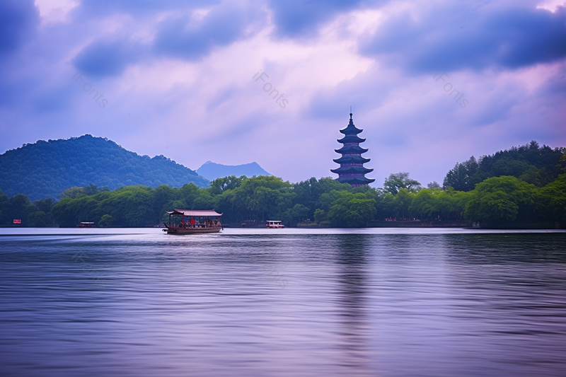 唯美天空下的古老塔楼与湖水倒影风光风景,高清,摄影图,摄影图片,图片大全,摄影图免费下载